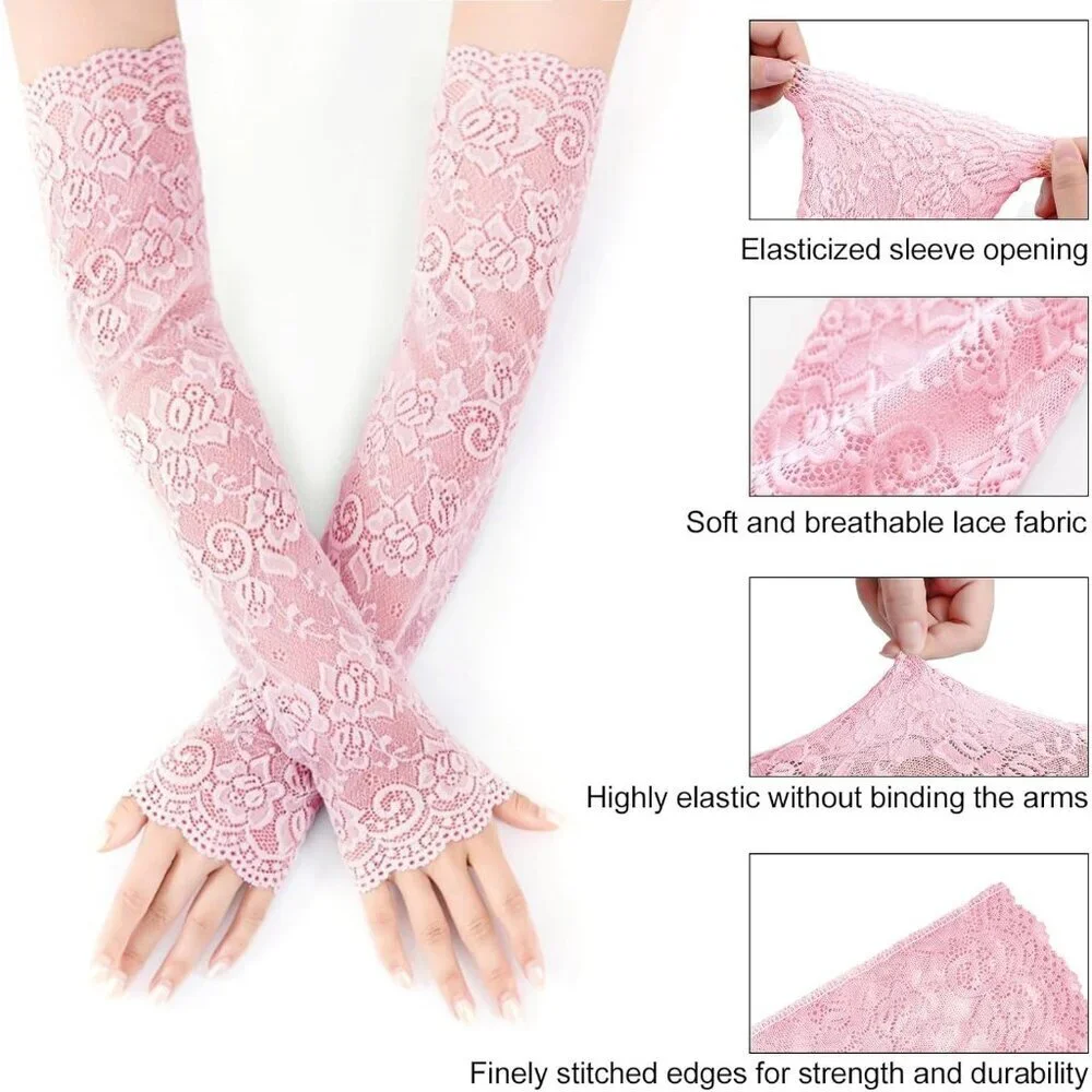 Women's 1 Pink Fingerless Lace Arm Sleeves Gloves Wedding Dress Party Prom